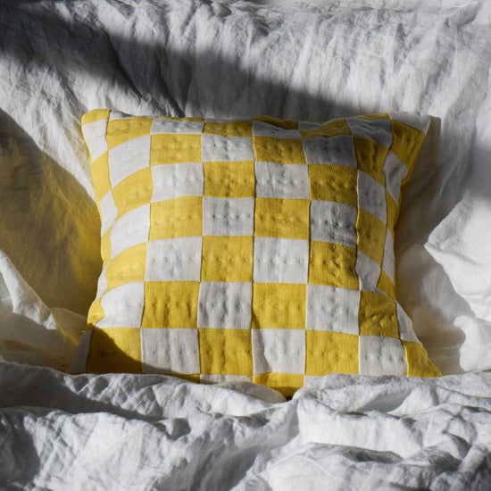 Load image into Gallery viewer, Square Chequered Cushion in Yellow
