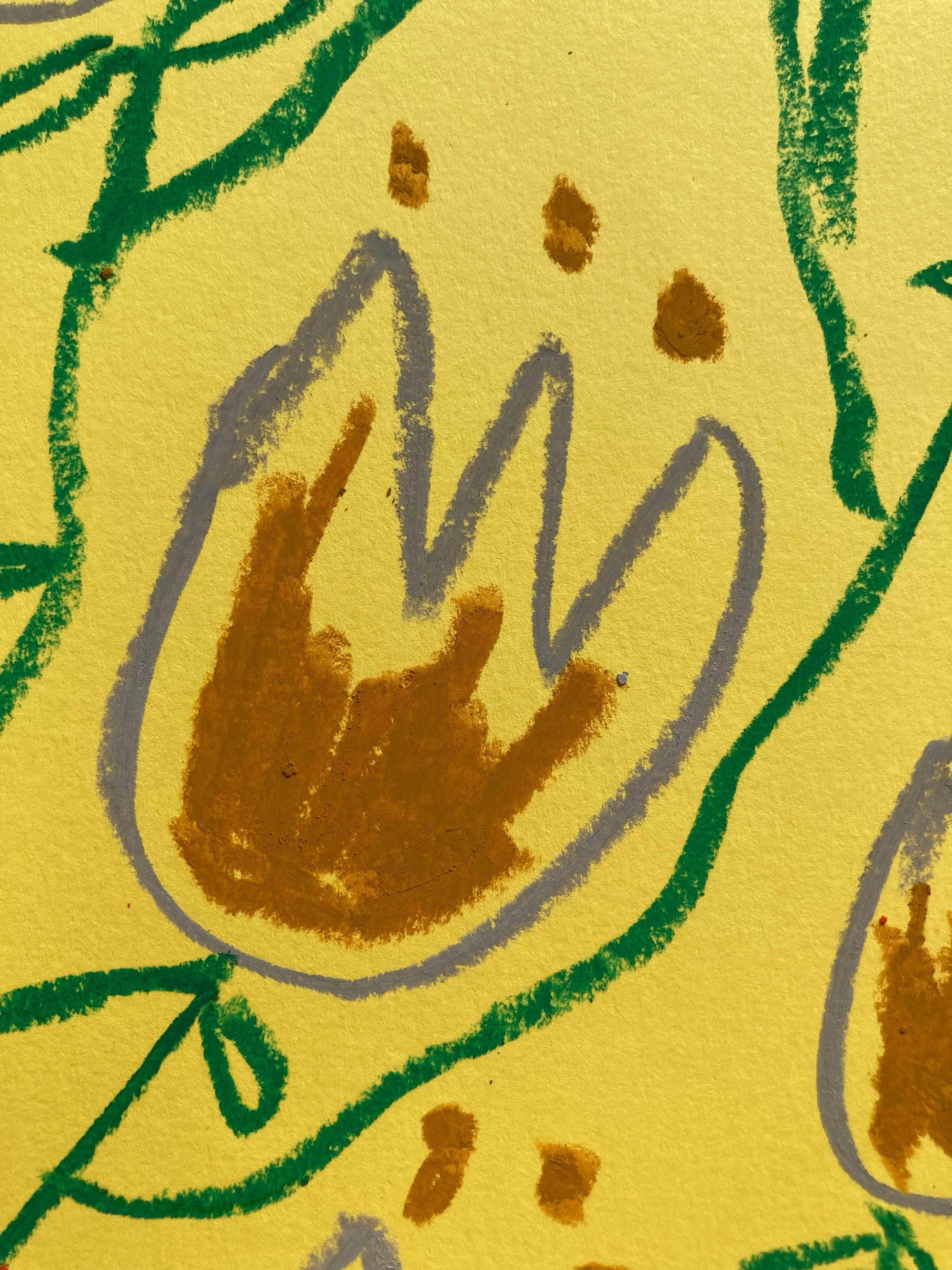 Chocolate & Grey Flowers On Yellow Background | Original painting A3