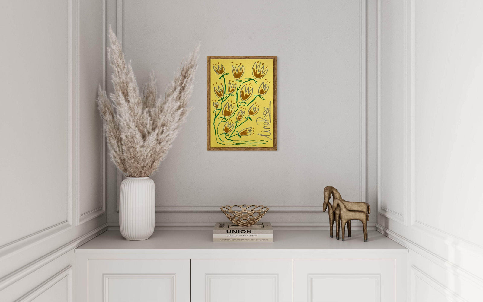 Chocolate & Grey Flowers On Yellow Background | Original painting A3