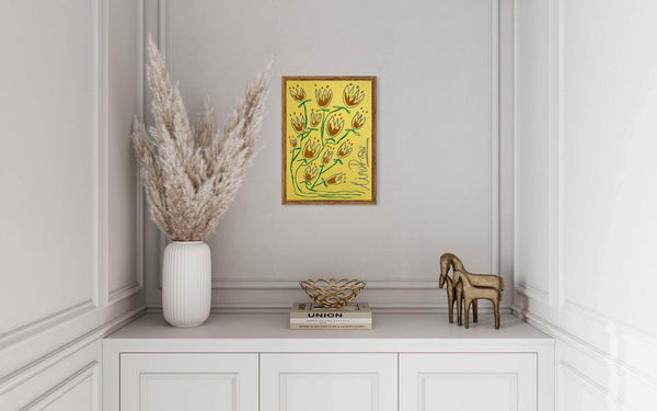 Chocolate & Grey Flowers On Yellow Background | Original painting A3
